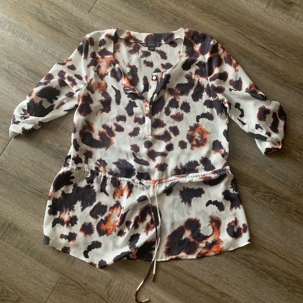 Armani Exchange Sz Md White/Multi Color Leopard Print tie waist satin blouse